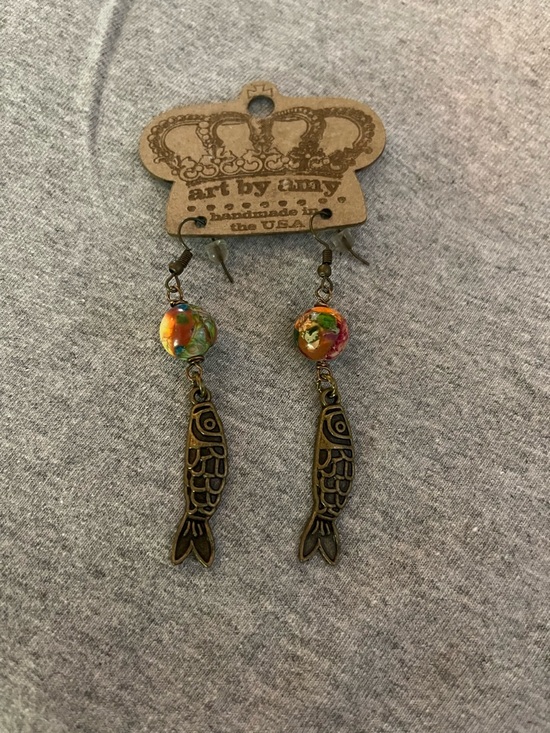 Art by Amy Jewelry - Handmade Multicolor Bead Fish Charm Dangle Earrings by